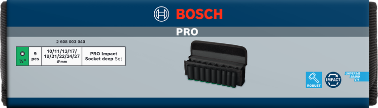Conjunto de soquetes de impacto Bosch PRO de 1/2″ de profundidade, 9 peças.